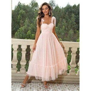 NEW - Elegant Baby‎ Pink Tie Shoulder Ruffle Hem Mesh Cami Dress